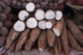 Cassava roots Yuca called in Peru on a market San Camilo in Arequipa, Peru