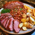 A casserole dish with steak, potatoes and beans. Generative AI. Royalty Free Stock Photo