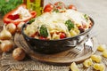 Casserole with meat, pasta, broccoli and tomatoes