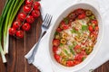 Casserole with mediterranean style baked fish with vegetables Royalty Free Stock Photo