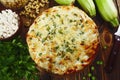 Casserole of pasta with green peas, zucchini and curd Royalty Free Stock Photo