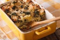 Casserole with spinach, cheese and bread close up in baking dish Royalty Free Stock Photo