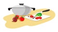 Casserole with vegetables for cooking. Knife cuts vegetables. Vector illustration on white background.