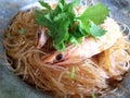 Casseroled shrimps glass noodle. Close up. Royalty Free Stock Photo