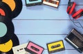 Cassette, headphones, records and old tape playe Royalty Free Stock Photo