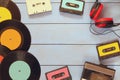 Cassette, headphones, records and old tape playe Royalty Free Stock Photo