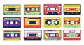 Cassette. Retro song tapes. Colorful multimedia device. 80s or 90s old analog records. Pop, rock and jazz music. Hipster