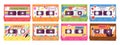 Cassette. 80s 90s audio tapes, retro music technology. Cartoon flat cassettes with stickers, mix songs, pop hits