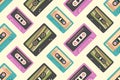 Cassette seamless pattern. Retro audio cassettes in 90s, 80s, 70s style. Vintage colorful old cassettes to tape recorder. Music Royalty Free Stock Photo