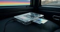 Cassette Tape with Compact Disc in Car Interior on Leather Surface Royalty Free Stock Photo