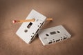 Cassette tape with pencil for rewind Royalty Free Stock Photo