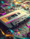 Cassette tape with scattered ribbon Ai photo Royalty Free Stock Photo
