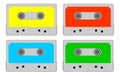 Cassette tape, vector. Colored audio cassette set. Colorful, yellow, red, blue, green. Magnetic music tape cassette collection.