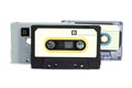 Cassette tape on white background, analog music player in 1960