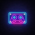 Cassetts for tape recorder neon sign vector. Retro Music Design template neon sign, Retro Style 80-90s, celebration Royalty Free Stock Photo