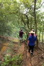 Cassilandia, Mato Grosso do Sul, Brazil - 02 28 2023: People trekking to a waterfall