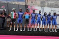 Il team Deceuninck Quick Step con Elia Viviani sul podio della sesta tappa del centoduesimo Giro Royalty Free Stock Photo