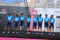 Cassino, Italy - May 16, 2019: Movistar team on the podium of the sixth stage of the 102th Tour of Italy Cassino-San Giovanni