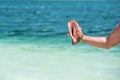 Cassis madagascariensis in the hand on the beach Playa Paradise of the island of Cayo Largo, Cuba. Copy space for text. Close-up. Royalty Free Stock Photo