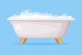 Cast Iron Bathtub on Foot Full of Water with Soap Bubbles Foam Isolated on Blue Background Vector Illustration