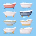 Cast Iron Bathtub on Foot Full of Water with Soap Bubbles Foam Isolated on Blue Background Vector Set