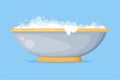 Cast Iron Bathtub on Pedestal Full of Water with Soap Bubbles Foam Isolated on Blue Background Vector Illustration