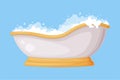 Cast Iron Bathtub on Pedestal Full of Water with Soap Bubbles Foam Isolated on Blue Background Vector Illustration