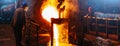 Cast iron, blast furnace in foundry, liquid molten metal pouring in ladle, metallurgical factory, horizontal banner