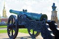 Cast-iron cannon on a carriage. At the monument.