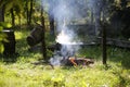 Cast iron cauldron boiling a goulash stew