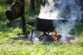 Cast iron cauldron boiling a goulash stew