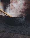 Cast iron cauldron boiling a goulash stew over a wood burning stove made from red bricks in the backyard of a rural house in