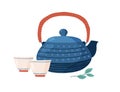 Cast iron colored teapot with cute cups and tealeaf. Tetsubin Kettle in dots. Kitchen crockery isolated on white