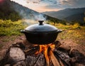 A cast iron Dutch oven cooking over an open fire Royalty Free Stock Photo