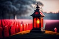 Cast iron hand lamp with a lit candle against a blurred background of red tombstones of a military cemetery, made with generative