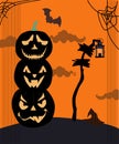 Halloween scary night.Jack o lanterns with weird facial expressions, clumsy dry tree, gothic lamp with candle, bats and other trad