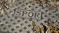 Cast iron manhole cover with SPQR engraving on an asphalt, covered with leaves and plants