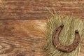 Cast iron metal horse horseshoe on hay. Good luck symbol, St.Patrick`s Day concept Royalty Free Stock Photo