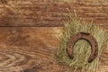 Cast iron metal horse horseshoe on hay. Good luck symbol, St.Patrick`s Day concept Royalty Free Stock Photo