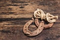 Cast iron metal horseshoes and rope Royalty Free Stock Photo