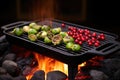 cast iron pan with grilled brussels sprouts and cranberries on grill