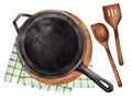 Cast iron pan and other kitchen utensils top view Royalty Free Stock Photo