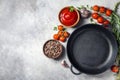 Cast iron pan and spices on a concrete background with copy space. Empty iron pan Royalty Free Stock Photo