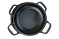 Cast iron pans. Rustic cookware. Kitchenwares isolated on white background. Top view. Royalty Free Stock Photo