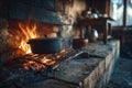 Cast iron pot cooking on traditional fireplace in old rustic kitchen Royalty Free Stock Photo