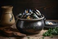 Cast iron pot of mussels cooked with parsley. Generative AI Royalty Free Stock Photo
