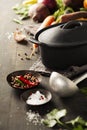 Cast iron pot and vegetables Royalty Free Stock Photo