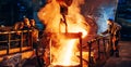 Cast iron process, liquid molten metal pouring in ladle, industrial metallurgical foundry factory, heavy industry