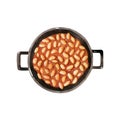 Cast iron saucepan with baked beans in tomato sauce