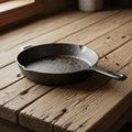 A cast iron skillet sits on a rustic wooden table. The skillet is round with a textured Royalty Free Stock Photo